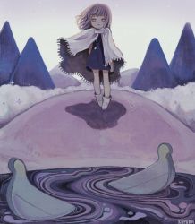 Rule 34 | 1girl, artist name, black dress, boat, boots, bright pupils, cape, dress, grey eyes, highres, kapura, long hair, looking at viewer, original, partially immersed, purple hair, shadow, signature, sinking, solo, sparkle, standing, watercraft, white cape, white footwear, white pupils, window