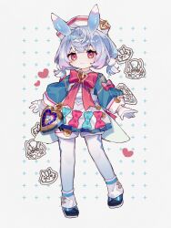 Rule 34 | 1girl, :&lt;, :d, absurdres, animal ears, apron, aqua bow, aqua dress, black footwear, blue footwear, blue hair, blue pantyhose, blush, bow, bowtie, brooch, buttons, closed mouth, commentary request, cross background, crossed bangs, dress, eringikinono, eyelashes, full body, genshin impact, gloves, gradient clothes, gradient hair, gradient legwear, hair between eyes, hair ornament, hat, heart, highres, jewelry, light smile, long sleeves, low twintails, medium hair, multicolored hair, nurse cap, open mouth, pantyhose, pink bow, pleading eyes, pom pom (clothes), pom pom hair ornament, puffy long sleeves, puffy sleeves, purple hair, red bow, red bowtie, red eyes, shoes, short shorts, short twintails, shorts, sidelocks, sigewinne (genshin impact), simple background, smile, solo, twintails, white apron, white background, white gloves, white hat, white pantyhose, white shorts