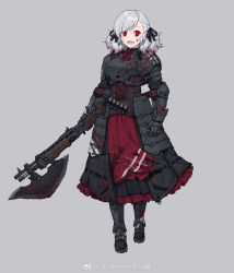 Rule 34 | 12-gauge, 12-gauge (2 3/4 inch shell), 1girl, ammunition, armor, blood, blood on clothes, blood on face, bloody weapon, combat shotgun, crazy eyes, darkest dungeon, dual-mode shotgun, girls&#039; frontline, grey background, grey hair, gun, high brass, highres, looking at viewer, name connection, official alternate costume, open mouth, overpressure ammunition, plate armor, pump-action shotgun, pump action, red eyes, semi-automatic firearm, semi-automatic shotgun, shotgun, shotgun shell, solo, spas-12, spas-12 (girls&#039; frontline), spas-12 (goblin huntress) (girls&#039; frontline), terras, twintails, weapon