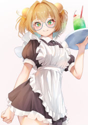 Rule 34 | + +, 1girl, alternate breast size, alternate costume, bespectacled, blonde hair, blue-framed eyewear, blue hair, bombergirl, breasts, cup, drinking glass, drinking straw, enmaided, glasses, green eyes, grin, hair intakes, hesoten, highres, holding, holding tray, maid, multicolored hair, parted lips, pine (bombergirl), puffy short sleeves, puffy sleeves, round eyewear, semi-rimless eyewear, short hair, short sleeves, small breasts, smile, teeth, tray, under-rim eyewear