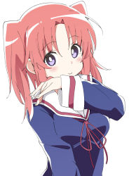 Rule 34 | 1girl, blush, closed mouth, ixy, long sleeves, looking at viewer, mikakunin de shinkoukei, purple eyes, red hair, sailor collar, school uniform, short hair, simple background, smile, solo, twintails, white background, white sailor collar, yonomori kobeni