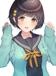 Rule 34 | 1girl, :d, absurdres, bad id, bad pixiv id, black hair, black sailor collar, black shirt, blue cardigan, breasts, brown eyes, cardigan, commentary request, flower, hair flower, hair ornament, hands up, highres, huge filesize, long sleeves, looking at viewer, neck ribbon, open cardigan, open clothes, open mouth, original, ribbon, sailor collar, school uniform, serafuku, shirt, simple background, sleeves past wrists, small breasts, smile, solo, upper body, usamochi., white background, yellow flower, yellow ribbon