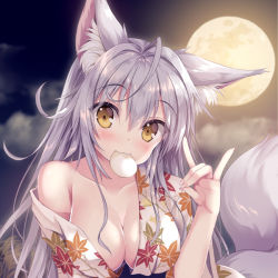 Rule 34 | 1girl, :3, animal ear fluff, animal ears, bare shoulders, blush, breasts, brown eyes, cleavage, closed mouth, collarbone, commentary request, fingernails, food, food in mouth, fox ears, fox girl, fox shadow puppet, fox tail, full moon, hair between eyes, hand up, japanese clothes, kimono, leaf print, long hair, looking at viewer, medium breasts, mochi, moon, mouth hold, night, night sky, off shoulder, open clothes, open kimono, original, outdoors, print kimono, silver hair, sky, solo, tail, tail raised, tateha (marvelous grace), upper body, white kimono