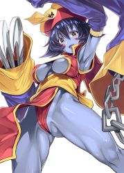 Rule 34 | 1girl, :d, armpits, blue hair, blue skin, blush, blush stickers, breasts, cameltoe, capcom, chain, chinese clothes, claws, cleavage, cleavage cutout, cleft of venus, clothing cutout, colored skin, detached sleeves, fang, flipped hair, hat, highres, jiangshi, lei lei, looking at viewer, ofuda, open mouth, orochi itto, shiny skin, short hair, smile, underboob, underboob cutout, vampire (game), yellow eyes, zombie