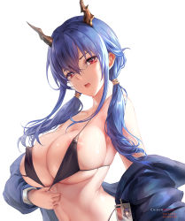 Rule 34 | 1girl, alternate breast size, arknights, bare shoulders, bikini, bikini pull, bikini tug, black bikini, blue hair, blush, breasts, ch&#039;en (arknights), chihunhentai, cleavage, clothes pull, covered erect nipples, dragon horns, hair between eyes, highleg, horns, id card, jacket, large breasts, long hair, looking at viewer, low twintails, off shoulder, open mouth, red eyes, sidelocks, simple background, skindentation, solo, stomach, swimsuit, toned, twintails, white background