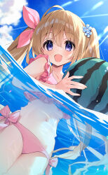 Rule 34 | 1girl, bikini, blue eyes, brown hair, cloud, flower, food, fruit, hair flower, hair ornament, long hair, looking at viewer, navel, open mouth, original, outdoors, partially submerged, partially underwater shot, pink bikini, ribbon, side-tie bikini bottom, sky, smile, solo, suimya, swimsuit, thighs, twintails, underwater, very long hair, water, watermelon