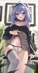 Rule 34 | 1girl, :p, absurdres, black dress, black nails, black sleeves, blue eyes, blue hair, blush, bow, detached sleeves, dress, hair bow, highres, lifting own clothes, long sleeves, looking at viewer, medium hair, navel, original, panties, ponderogen, red bow, see-through, see-through dress, single thighhigh, smile, thighhighs, tongue, tongue out, underwear, white panties, white thighhighs