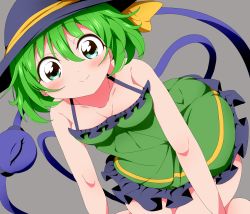 Rule 34 | 1girl, absurdres, adapted costume, black hat, blush, breasts, bwell, cleavage, closed mouth, commentary request, dress, eyeball, feet out of frame, frilled dress, frills, green dress, green eyes, green hair, grey background, hair between eyes, hat, hat ribbon, highres, komeiji koishi, looking at viewer, ribbon, short hair, simple background, sleeveless, sleeveless dress, small breasts, smile, solo, sundress, third eye, touhou, yellow ribbon