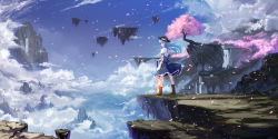 Rule 34 | 1girl, black hat, blue hair, boots, bow, cherry blossoms, cloud, cloudy.r, day, dress, floating island, hat, hinanawi tenshi, landscape, layered dress, long hair, outdoors, petals, rock, scenery, skirt, sky, solo, sword, sword of hisou, touhou, tree, weapon, wind