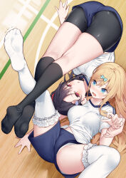 Rule 34 | 2girls, ass, bike shorts, black hair, black shorts, black socks, blonde hair, blue bow, blue eyes, blue shorts, bow, breasts, commentary request, frilled thighhighs, frills, gym shirt, gym shorts, gym uniform, hair bow, hair ornament, hairclip, holding another&#039;s wrist, kneehighs, long hair, medium breasts, multiple girls, on floor, original, panties, red eyes, shirt, short shorts, shorts, shorts under shorts, socks, soles, thighhighs, tokuno yuika, trembling, underwear, upside-down, very long hair, white panties, white shirt, white thighhighs