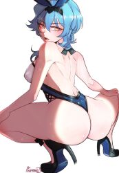 Rule 34 | 1girl, animal ears, ass, backless leotard, black hairband, blue hair, breasts, commentary, covered erect nipples, english commentary, eula (genshin impact), fake animal ears, from behind, genshin impact, hairband, high heels, highres, large breasts, leotard, looking back, medium hair, playboy bunny, puffphox, rabbit ears, signature, solo, spread legs, squatting, thong leotard, yellow eyes