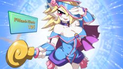 Rule 34 | 1girl, bare shoulders, blonde hair, blue background, blush stickers, bracer, breasts, choker, cleavage, cosplay, cowboy shot, creatures (company), dark magician girl, dark magician girl (cosplay), drunkoak, fang, game freak, gardevoir, gen 3 pokemon, hair over one eye, hat, highres, large breasts, nintendo, open mouth, pokemon, pokemon (creature), red eyes, smile, solo, staff, standing, witch hat, yu-gi-oh!