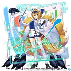 Rule 34 | 1girl, alternate costume, bird, black footwear, blue shirt, coat, commentary, copyright name, copyright notice, english commentary, fox tail, full body, game cg, gloves, graph, hat, kitsune, long sleeves, looking at viewer, mob cap, monocle, multiple tails, open mouth, rotte (1109), shirt, shorts, tail, thighhighs, third-party source, touhou, touhou lostword, white coat, white gloves, white headwear, white shorts, white thighhighs, yakumo ran, yakumo ran (elegant vice president), yellow eyes