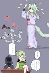 Rule 34 | 1other, 2girls, absurdres, afterimage, animal ear fluff, animal ears, aoe (tiranporan), arknights, arm up, black gloves, black jacket, cat ears, cat girl, cat tail, crossed legs, desk, doctor (arknights), dress, gloves, green dress, green eyes, green hair, grey background, hand up, harmonie (arknights), head tilt, highres, hood, hood up, hooded jacket, jacket, japanese clothes, kal&#039;tsit (arknights), kimono, long hair, long sleeves, multiple girls, obi, on desk, own hands together, purple kimono, sash, simple background, sitting, stereo, table, tail, wide sleeves