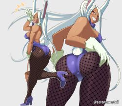 Rule 34 | 1girl, absurdres, animal ears, ass, back, bare shoulders, basket, boku no hero academia, bow, bowtie, breasts, clothing cutout, commentary, dark-skinned female, dark skin, detached collar, easter, english commentary, fishnet pantyhose, fishnets, from behind, full body, gloves, grin, hand up, hands on own ass, high heels, highleg, highleg leotard, highres, holding, holding basket, large breasts, leotard, long eyelashes, long hair, looking at viewer, mirko, multiple views, pantyhose, parted bangs, ponytail, purple bow, purple bowtie, purple footwear, purple leotard, rabbit ears, rabbit girl, rabbit pose, rabbit tail, red eyes, sideboob, smile, standing, standing on one leg, strapless, strapless leotard, tail, tail through clothes, teeth, thighs, toned, tongue, tongue out, traditional bowtie, twitter username, very long hair, white gloves, white hair, zero momentai