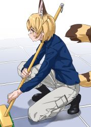 Rule 34 | 1girl, alternate costume, animal ear fluff, animal ears, black footwear, blonde hair, blue shirt, boots, commentary, extra ears, from side, full body, highres, kemono friends, long sleeves, mop, on one knee, pants, profile, serval (kemono friends), shirt, short hair, solo, squatting, tanabe (fueisei), tile floor, tiles, white pants, yellow eyes