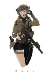 Rule 34 | 1girl, absurdres, american flag, aqua eyes, assault rifle, asymmetrical clothes, black gloves, black pants, brown gloves, brown headwear, brown jacket, ear protection, gloves, gun, hand up, handgun, helmet, highres, holstered, jacket, laser sight, long sleeves, looking at viewer, m4 carbine, military operator, night vision device, original, pants, parted lips, pen guin15, bulletproof vest, rifle, short hair, simple background, single pantsleg, solo, thigh strap, trigger discipline, two-tone gloves, weapon, white background, white hair