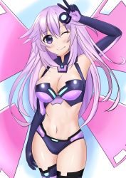 Rule 34 | 1girl, armpits, artist request, blush, bodysuit, breasts, cleavage, highres, large breasts, navel, nepgear, neptune (series), one eye closed, purple eyes, purple hair, purple sister, smile, tongue, tongue out, v, wink