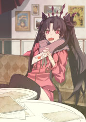 Rule 34 | 1girl, absurdres, bad id, bad pixiv id, black hair, black ribbon, black thighhighs, candy, casual, coach, coat, couch, envelope, fate/grand order, fate (series), fence, food, fur-trimmed coat, fur trim, hair ribbon, heidegg, highres, holding, holding envelope, ishtar (fate), lollipop, long hair, long sleeves, looking at viewer, mouth hold, painting (object), parted bangs, pink coat, pink eyes, ribbon, sitting, solo, string, table, thighhighs, tiara, two side up, very long hair