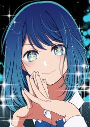 Rule 34 | 1girl, black background, black sweater vest, blue bow, blue bowtie, blue eyes, blue hair, bow, bowtie, closed mouth, commentary request, galaxy blue, gradient hair, highres, kurokawa akane, light blue hair, light particles, looking at viewer, medium hair, multicolored hair, necktie, oshi no ko, smile, solo, sparkle, star-shaped pupils, star (symbol), steepled fingers, sweater vest, swept bangs, symbol-shaped pupils, upper body, variant set