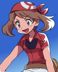 Rule 34 | 1girl, :d, bandana, brown hair, collared shirt, commentary request, creatures (company), day, elizabeth (tomas21), eyelashes, fang, fanny pack, game freak, grey eyes, happy, looking down, may (pokemon), nintendo, open mouth, outdoors, pokemon, pokemon rse, red bandana, red shirt, sapphire (pokemon), shirt, short sleeves, skirt, sky, smile, solo, white skirt, yellow bag