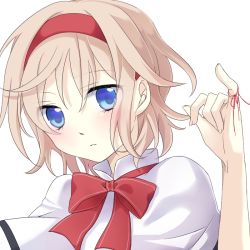 Rule 34 | 1girl, alice margatroid, ascot, blonde hair, blue eyes, blush, capelet, hairband, short hair, solo, string, string of fate, touhou, tsuno no hito, white background