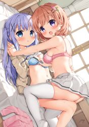 Rule 34 | 2girls, bare arms, bare shoulders, blue bra, blue eyes, blue hair, blush, bow, bow bra, bra, bra pull, breasts, brown cardigan, brown hair, cardigan, unworn cardigan, clothes lift, clothes pull, commentary request, curtains, dutch angle, ezoshika, girl on top, gochuumon wa usagi desu ka?, hair ornament, hairclip, holding hands, hoto cocoa, interlocked fingers, kafuu chino, long hair, looking at viewer, looking to the side, lying, medium breasts, multiple girls, navel, on back, on bed, open cardigan, open clothes, open mouth, parted lips, pillow, pink bra, pink cardigan, pleated skirt, polka dot, polka dot bra, purple eyes, sailor collar, school uniform, serafuku, shirt, shirt lift, skirt, small breasts, sweat, thighhighs, two side up, underwear, very long hair, white legwear, white sailor collar, white shirt, white skirt, window, x hair ornament, yuri