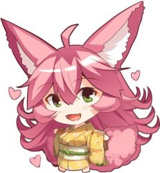 Rule 34 | 1girl, :d, ahoge, animal ear fluff, animal ears, barefoot, blush, chibi, commentary request, fang, fox ears, fox girl, fox tail, full body, green eyes, hair between eyes, heart, japanese clothes, kimono, long hair, long sleeves, looking at viewer, obi, open mouth, original, outstretched arms, pink hair, print kimono, sash, simple background, smile, solo, spread arms, standing, tail, very long hair, white background, wide sleeves, yellow kimono, yuuji (yukimimi)