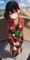 Rule 34 | 1girl, absurdres, amane sora, black hair, black nails, closed mouth, commentary request, day, doorway, full body, heart, heart-shaped pupils, highres, japanese clothes, kimono, long sleeves, looking at viewer, mole, mole under mouth, multicolored hair, obi, okobo, original, pov doorway, red eyes, red hair, red kimono, sandals, sash, short hair, socks, solo, standing, streaked hair, symbol-shaped pupils, white socks, wide sleeves