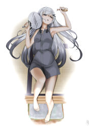 Rule 34 | 1girl, allial (coefont), barefoot, coefont, fan, feet, hair ornament, hairclip, highres, long hair, looking at viewer, lying, on back, parted lips, silver hair, tatami, toes
