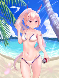 Rule 34 | 1girl, absurdres, ayanami (azur lane), azur lane, bandaid, bandaid on arm, beach, bikini, blonde hair, blue sky, bouhuuu, breasts, can, cloud, commentary request, cowboy shot, day, drink can, high ponytail, highres, looking at viewer, medium breasts, mountain, ocean, orange eyes, outdoors, palm tree, silver hair, sky, smile, soda can, solo, swimsuit, tree, water, white bikini