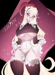 1girl absurdres aisu_roaile apron black_thighhighs blonde_hair breasts crop_top demon_girl demon_horns glasses hazbin_hotel highres horns large_breasts lilith_(hazbin_hotel) long_hair looking_at_viewer revealing_clothes see-through_apron see-through_clothes solo thighhighs thighs thong underboob very_long_hair