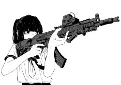 Rule 34 | 1girl, absurdres, aiming, angled foregrip, assault rifle, black hair, greyscale, gun, highres, hime cut, holding, holding gun, holding weapon, looking away, medium hair, monochrome, neckerchief, original, ponytail, rifle, school uniform, serafuku, short sleeves, simple background, solo, standing, taida, upper body, weapon, white background