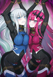 Rule 34 | 2girls, arms up, blue eyes, bodysuit, bound, bound wrists, breast press, chain, clenched teeth, collar, commentary request, cosplay, cuffs, baobhan sith (fate), fate/grand order, fate (series), grey eyes, grey hair, highres, jack the ripper (fate/apocrypha) (cosplay), latex, latex bodysuit, long hair, looking at viewer, morgan le fay (fate), multiple girls, pointy ears, ponytail, red hair, ribimura, shiny clothes, skin tight, teeth, tsurime, very long hair