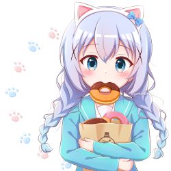 Rule 34 | 1girl, animal ears, bag, blue bow, blue eyes, blue hair, blue jacket, blue sailor collar, blush, bow, braid, commentary request, doughnut, fake animal ears, food, food in mouth, gochuumon wa usagi desu ka?, goth risuto, hair between eyes, hair ornament, hairband, hugging object, jacket, kafuu chino, long hair, long sleeves, looking at viewer, low twintails, mouth hold, open clothes, open jacket, paper bag, sailor collar, shirt, simple background, solo, twin braids, twintails, twitter username, upper body, white background, white hairband, white shirt, x hair ornament
