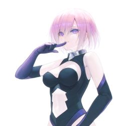 Rule 34 | 1girl, absurdres, arm up, bare shoulders, black leotard, breasts, cleavage, cleavage cutout, closed mouth, clothing cutout, commentary request, egk513, elbow gloves, eyes visible through hair, fate/grand order, fate (series), finger to mouth, gloves, hair over one eye, highres, korean commentary, leotard, looking at viewer, mash kyrielight, medium breasts, navel cutout, pink hair, purple eyes, purple gloves, short hair, simple background, smile, solo, upper body, white background