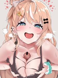 Rule 34 | 1girl, asymmetrical hair, bar censor, bare shoulders, black dress, blue eyes, blush, bow, breasts, breasts squeezed together, breath, censored, cleavage, collarbone, dress, ear piercing, hair bow, hair bun, hair ornament, hairclip, half-closed eyes, heart, hetero, highres, igarashi rika, large breasts, leaning forward, long hair, looking at viewer, medium breasts, multi-strapped shirt, multicolored hair, nijisanji, nose blush, open mouth, orange hair, paizuri, penis, piercing, scrunchie, shuubetsukouta, single side bun, skindentation, smile, solo focus, star (symbol), star hair ornament, streaked hair, sweat, virtual youtuber, white hair, wrist scrunchie