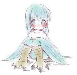 Rule 34 | 1girl, blue eyes, blue hair, blue theme, blush, child, claws, closed mouth, full body, harpy, kai himo, looking at viewer, monster girl, nude, original, simple background, sitting, sketch, solo, white background, winged arms, wings