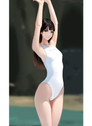 Rule 34 | 1girl, absurdres, armpits, arms up, blurry, blurry background, breasts, brown eyes, brown hair, closed mouth, derivative work, highres, kai1up, long hair, looking at viewer, one-piece swimsuit, original, outdoors, photo-referenced, pool, small breasts, smile, solo, swimsuit, white one-piece swimsuit