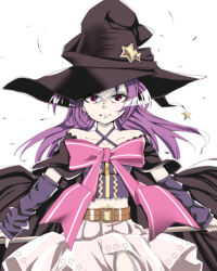 Rule 34 | 1girl, angry, arm warmers, bare shoulders, belt, black cape, black hat, black shirt, black sleeves, bow, brown belt, cape, clenched teeth, crop top, detached sleeves, hat, highres, holding, holding weapon, kure7753, long hair, looking at viewer, magia record: mahou shoujo madoka magica gaiden, magical girl, mahou shoujo madoka magica, misono karin, pink ribbon, pleated skirt, print skirt, purple eyes, purple hair, ribbon, shirt, simple background, skirt, solo, star (symbol), star print, teeth, weapon, white background, white skirt, witch hat, yellow gemstone