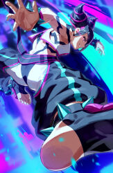 1girl baggy_pants black_hair blue_nails bracelet commentary feet glowing glowing_eye hair_horns han_juri highres jewelry pants revision smile solo spiked_anklet spiked_bracelet spikes street_fighter street_fighter_6 toeless_footwear yagi2013