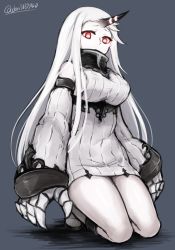 Rule 34 | 10s, 1girl, abyssal ship, artist name, bare shoulders, boots, breasts, claws, colored skin, covered erect nipples, detached sleeves, don (29219), dress, female focus, full body, grey background, horns, kantai collection, kneeling, large breasts, long hair, looking at viewer, pale skin, red eyes, ribbed dress, seaport princess, short dress, simple background, single horn, solo, twitter username, very long hair, white hair, white skin