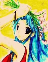 Rule 34 | armpits, blue eyes, blue hair, botan (yu yu hakusho), bracelet, flower, jewelry, long hair, painting (medium), red shirt, shirt, smile, solo, traditional media, watercolor (medium), yuu yuu hakusho