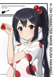 Rule 34 | 1girl, absurdres, black hair, brown eyes, character name, chinese commentary, closed mouth, commentary request, copyright name, food, fruit, highres, holding, holding food, holding fruit, k-on!, listen!!, long hair, looking at viewer, nakano azusa, polka dot, polka dot shirt, shirt, short sleeves, side ponytail, solo, strawberry, upper body, white shirt, xian yu zhanshi