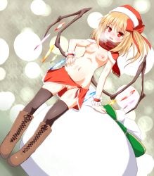 Rule 34 | 1girl, black thighhighs, blonde hair, blush, boots, breasts, breath, cross-laced footwear, flandre scarlet, hat, looking at viewer, misoshiru (meridianchild312), navel, nipples, open mouth, pussy, red eyes, red scarf, sack, santa hat, scarf, side ponytail, small breasts, solo, standing, thighhighs, touhou, wings, wrist cuffs