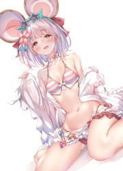 Rule 34 | 1girl, absurdres, animal ears, barefoot, bikini, blunt bangs, blush, breasts, choker, collarbone, commentary request, eyewear on head, flower, frilled bikini, frills, granblue fantasy, hair flower, hair ornament, highres, looking at viewer, mouse ears, navel, open mouth, red eyes, short hair, silver hair, simple background, sitting, small breasts, smile, solo, star-shaped eyewear, star (symbol), stomach, striped bikini, striped clothes, sunglasses, swimsuit, toes, ukiwakisen, vikala (blooming summer wallflower) (granblue fantasy), vikala (granblue fantasy), wariza, white background, white choker