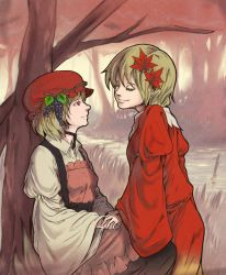 Rule 34 | 2girls, aki minoriko, aki shizuha, autumn, baten (gei-vorugu), blonde hair, dress, closed eyes, food, forest, fruit, grapes, hair ornament, holding hands, hand on hand, hat, highres, leaf, leaf hair ornament, looking at another, loose clothes, multiple girls, nature, red eyes, short hair, siblings, sisters, smile, touhou, tree