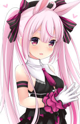Rule 34 | 1girl, ahoge, animal ears, bare shoulders, black bow, black dress, bow, breasts, commentary request, dress, eyebrows hidden by hair, gloves, hair between eyes, hair bow, heart, long hair, maccha, multicolored hair, necktie, own hands together, pink hair, purple hair, purple necktie, rabbit ears, red eyes, short eyebrows, short necktie, simple background, sleeveless, sleeveless dress, small breasts, solo, streaked hair, striped, striped bow, thick eyebrows, tomari mari, tomari mari channel, twintails, upper body, very long hair, virtual youtuber, white background, white gloves