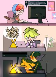 Rule 34 | 1girl, 2boys, 3koma, black eyes, black sweater, blue hair, character name, closed mouth, colored skin, comic, computer, creatures (company), desk, diviously, english text, flat chest, gallade, game freak, gen 4 pokemon, glasses, glowing, green hair, green skin, grey eyes, hair over one eye, half-closed eyes, happy, highres, imagining, indoors, keyboard (computer), lamp, lampshade, long sleeves, meme, mohawk, monitor, multicolored hair, multicolored skin, multiple boys, multiple views, night, night light, nintendo, on chair, one eye covered, open mouth, penny (pokemon), picture frame, poke ball symbol, pokemon, pokemon (creature), pokemon oras, pokemon sv, prank, red eyes, red hair, round eyewear, rule 34 (meme), short hair, sidelocks, sitting, sketch, smile, sweater, swept bangs, thought bubble, trolling, two-tone hair, two-tone skin, typing, upper body, wally (pokemon), white skin