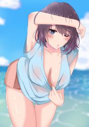 Rule 34 | 1girl, absurdres, arm up, armpits, blue eyes, blurry, blurry background, blush, breasts, cleavage, cleavage cutout, clothing cutout, cloud, downblouse, hanging breasts, highres, kudaka karin, large breasts, leaning forward, looking at viewer, mole, mole under eye, no bra, ocean, outdoors, parted lips, purple eyes, shiroi suna no aquatope, shirt, short hair, sky, solo, standing, water, wet, wet clothes, wet shirt, yuki kuro 96
